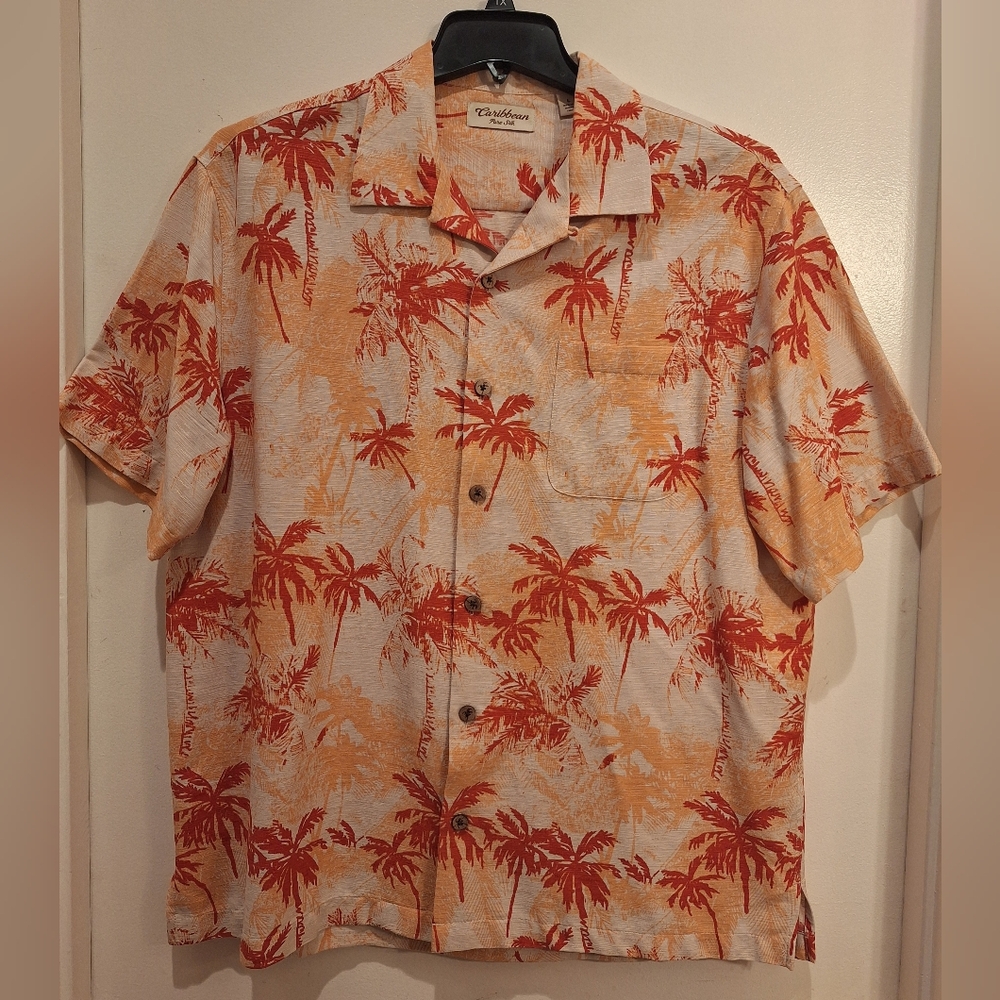 Caribbean Pure Silk L Hawaiian Palm Trees Mens Button Down Short Sleeve Shirt